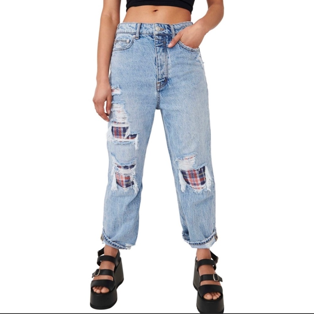 Free People 90s Boyfriend Distressed Plaid Lined Jean In Soul Seeker Blue